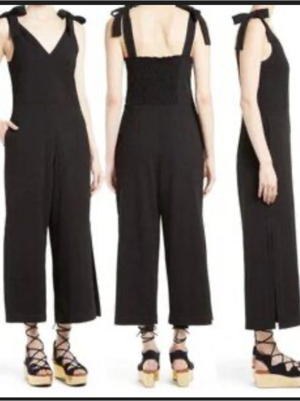 See by Chloé Black Jumpsuit Tie Shoulder Straps Smocked Back Wide Leg Size S - Picture 3 of 12
